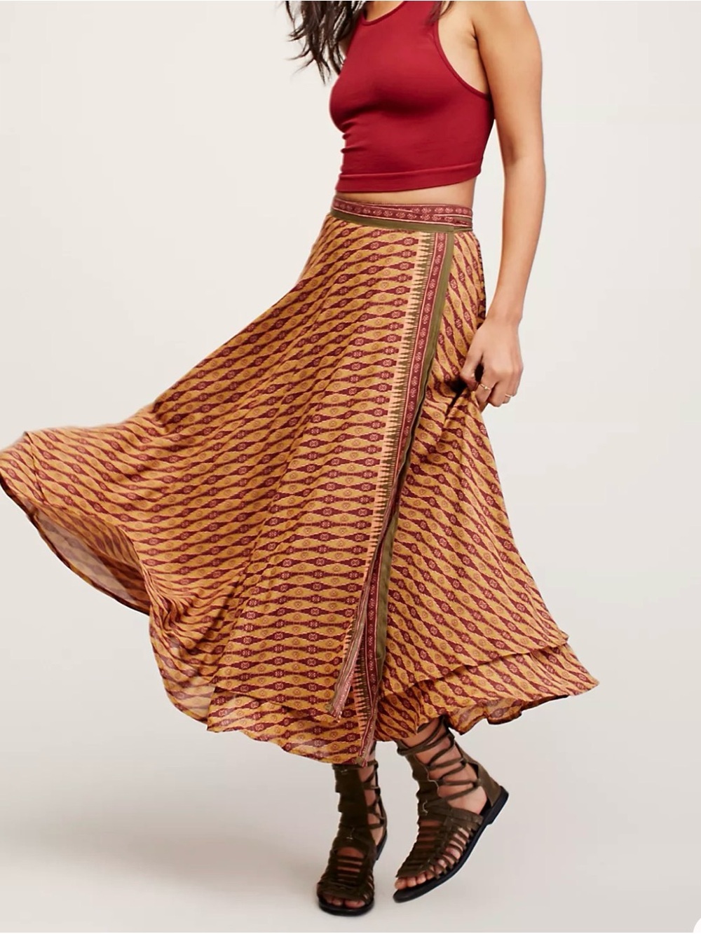 Free People Rust and Maroon Printed Maxi Skirt